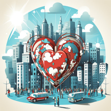 Digital metropolis with people on metaverse platform or smart city concept - illustration rendering.Valentine's day Generative AIの素材