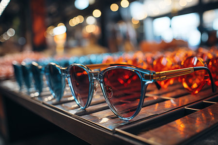 Sunglasses on display in a shop window, close-upの素材