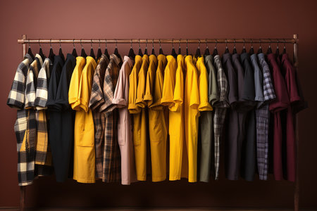 Rack with different stylish clothes on color background. Wardrobe designの素材