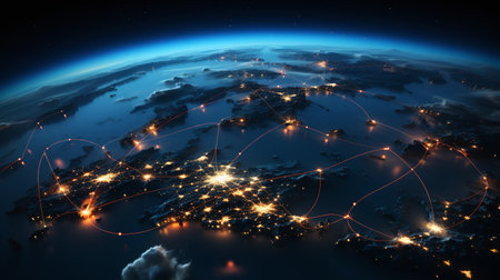 Global network on planet Earth at night representing international communication, technology and travel.の素材