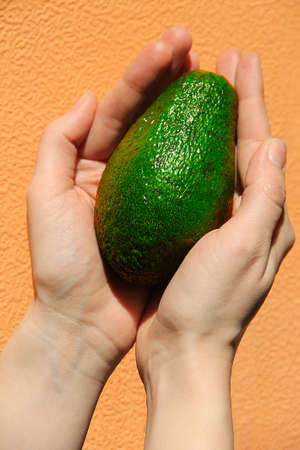 Green avocado in hand on an orange background.の写真素材