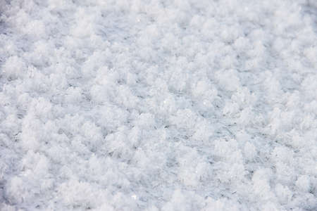 Freshly fallen snow, hoarfrost on a frozen river. Natural winter background. Sparkling sparkling snowflakes.の写真素材