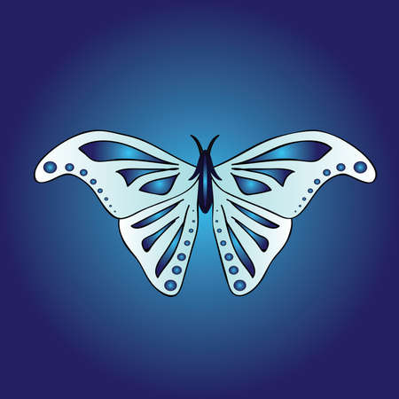 Vector image of a large symmetrical butterfly. Wings of the insect are light blue with a beautiful indigo pattern. Butterfly on a blue background. Stylish youthful bright print.のイラスト素材