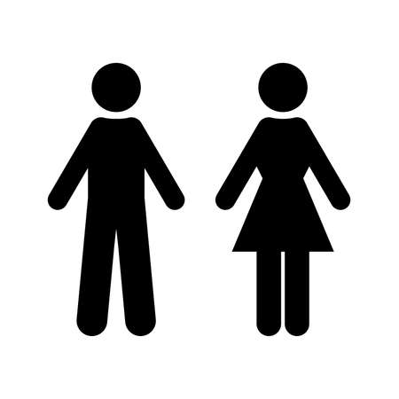 Flat vector: black silhouette of man and woman. Isolated sign, symbol on a white background. Simple symmetrical geometric contour. The figures are made in minimalist styles. Suitable for identifying gender differences, toilet designation, WC and other.のイラスト素材