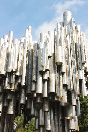 Helsinki, Finland - August 15, 2014: a monument to the famous Finnish composer Jan Sibelius, a key figure in European music. The monument in the style of abstraction, about six hundred bronze pipesのeditorial素材