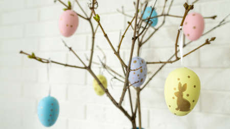 Creative composition with Easter eggs hanging on tree branches near a white brick wall. High quality...