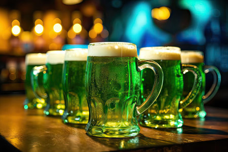Close-up of a mug with a traditional green beer drink and a foam head on a bar counter with a blurred pub background. St.Patrick s Day.の素材