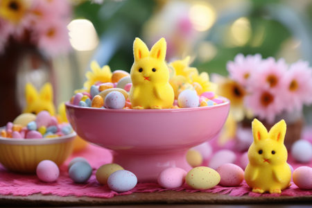 Table with sweets for Good Friday. Chocolate colorful eggs and marshmallow bunnies Easter peeps.の素材