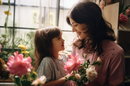 little daughter and her mother are choosing flowers for the holiday in a flower shop. Mothers Day.の素材