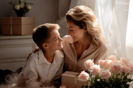 In a bright room, mother and son exchange gifts. Mutual understanding, respect, joy. Mothers love for child.の素材