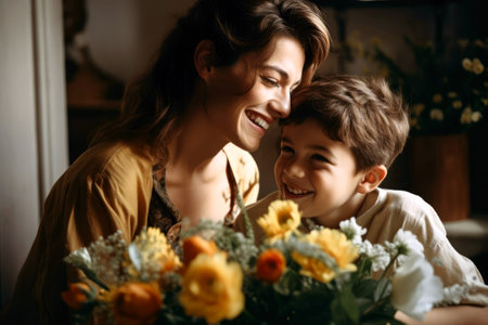Happy mother and little son are sitting in the room at the table, smiling, talking, laughing. Love Day, Childrens Day, Mothers Day.の素材