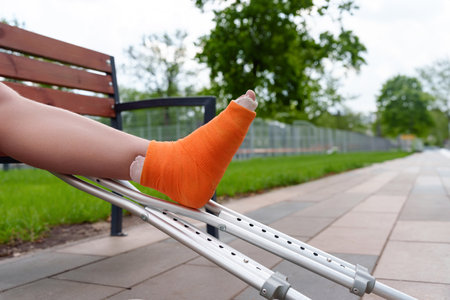 Close-up of cast-encased leg in orange bandage resting on metal crutch, conveying mobility challenges in summer park setting, for healthcare, medical equipment, disabilityの写真素材