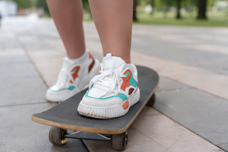 Close-up of a teenagers feet in light, casual sneakers firmly planted on a skateboard, exuding a