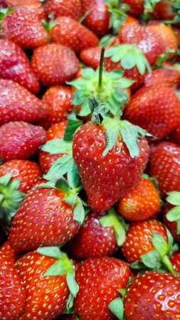 Background of freshly picked ripe strawberries in a plastic box. Fresh ripe strawberries in a box on a wooden background. Top viewの写真素材