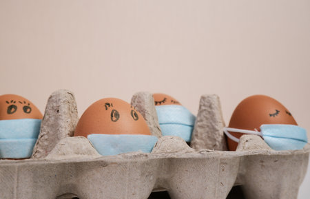 Eggs put on face mask - quarantine concept during Easter. Easter eggs in a medical mask....