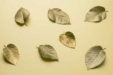 Leaves in gold paint on a yellow background. Autumn concept. Top view of autumn leaves in gold paint on beige with copy space for your text to the right.の写真素材