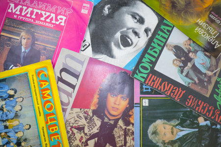 Volgograd, Russia - October 26, 2021: Collection of old vinyl records famous Soviet and Russian...