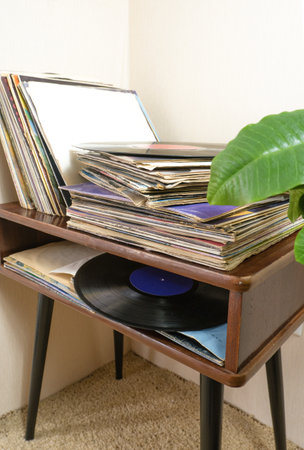 a bunch of old vinyl records. Retro music recording.の写真素材