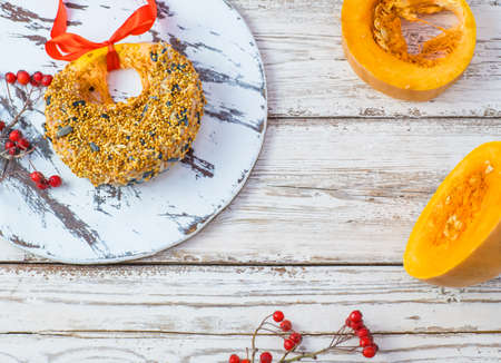Treats for wild birds in winter. Homemade pumpkin feed, bacon, millet, seed on a white wooden background. View from aboveの写真素材