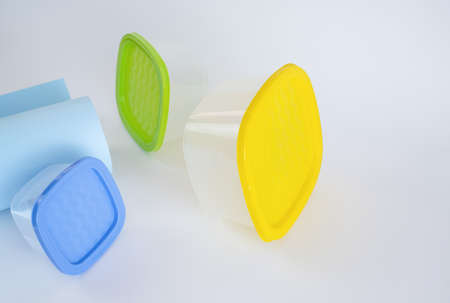 Set of plastic food containers on white background.の写真素材