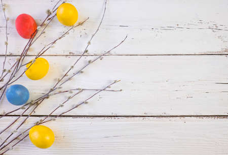 Top view of easter eggs and willow twigs on a white wooden board in rustic style. Place for textの写真素材