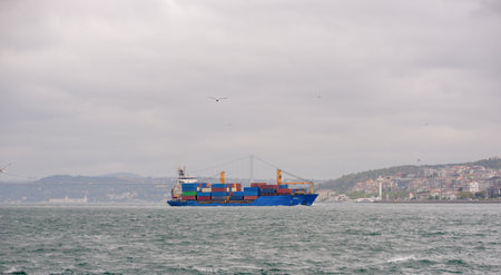 Istanbul, Turkey, May 02, 2023: Cargo ships pass through the Bosphorus, Istanbul.のeditorial素材