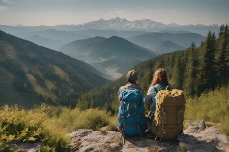 Hikers with backpacks enjoy the view of the valley from the top of the mountain. Back view.の素材