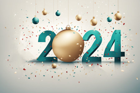 Green number 2024 with a golden ball. Happy New Year and Merry Christmas. Elegance and festive moodの素材