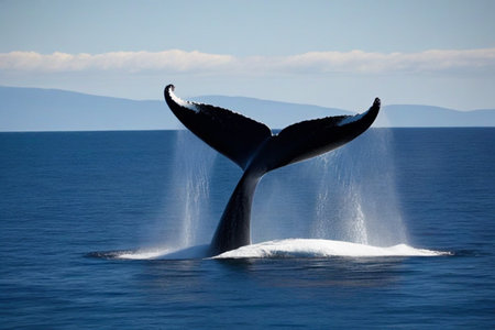 Tail of a humpback whale with running water in the ocean.の素材