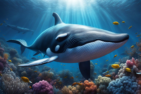 Beautiful blue whale in colorful corals underwater.の素材