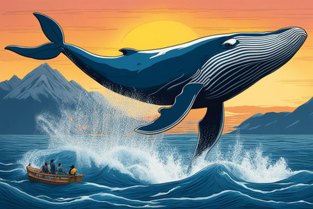 A cartoon illustration of a mighty whale that has jumped out and flies over the water with small splashesの素材