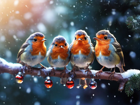 Four bullfinch birds sit on a branch with Christmas tree decorations.の素材