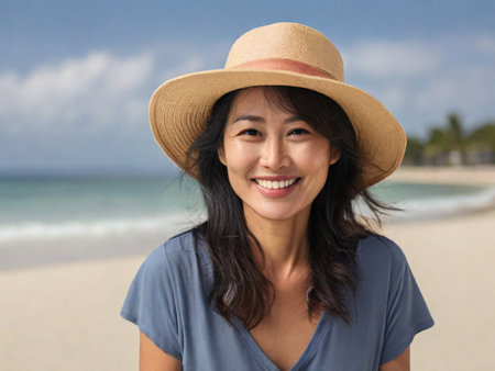 Portrait of a beautiful happy 35 year old woman of Asian appearance wearing a straw hat on the beach.の素材