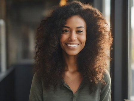 Portrait of a beautiful happy 30 year old Hispanic woman with long hair.の素材