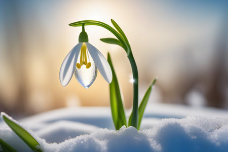 Snowdrop flowers in the snow. Primroses in the forest on a sunny day. Postcard for the March holidaysの素材