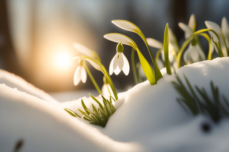 Beautiful first flowers snowdrops in spring forest. Tender spring flowers snowdrops harbingers of warming symbolize the arrival of spring. Scenic view of the spring forest with blooming flowers.の素材