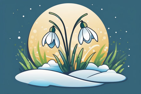 Spring snowdrop flowers with water drops in spring forest.の素材