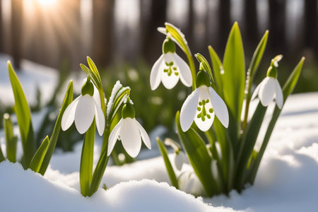 Beautiful first flowers snowdrops in spring forest. Tender spring flowers snowdrops harbingers of warming symbolize the arrival of spring. Scenic view of the spring forest with blooming flowers.の素材