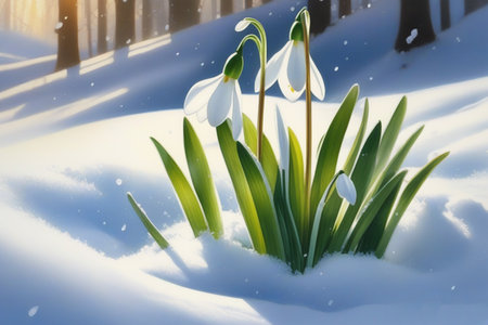 Spring Snowdrop Flowers with Water Drops in Spring Forest on Blue Background of Sun and Blurred Bokeh Lights. Copy Space for your textの素材