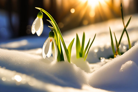 Snowdrop flowers in the snow. Primroses in the forest on a sunny day. Postcard for the March holidaysの素材