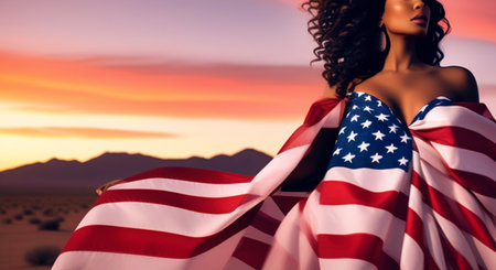 Black woman in a dress with an American flag on the edge at sunset. US Independence Dayの素材