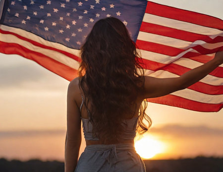 Rear view of young woman with long hair holding USA flag enjoying sunset in nature.の素材