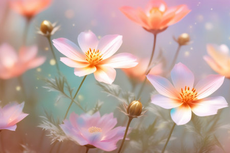 Soft pink small flowers outdoors in summer spring close up. A gentle dreamy image of the beauty of natureの素材