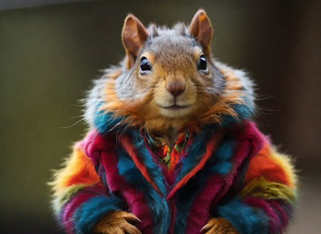 Squirrel man wearing a retro colorful multi-branched jacket.の素材