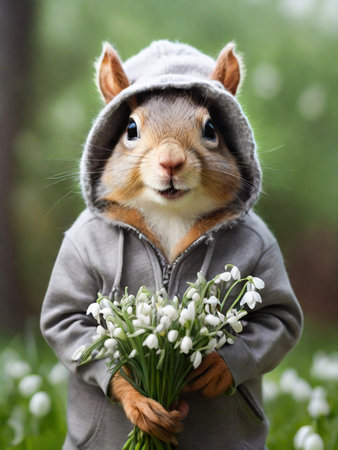 A happy chipmunk squirrel in a fashionable gray sweater with a hood on her head with a bouquet of delicate primroses in her hands in nature. Congratulations on the holiday of March 8thの素材