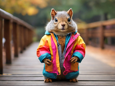 Squirrel man dressed in a retro bright multi-piece jacket on a wooden bridge.の素材