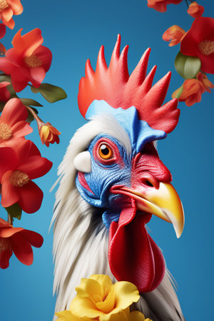A funny rooster with blue feathers in a multi-colored jacket, on a blue background with flowers. design for printing t-shirts, mugs, covers, etcの素材