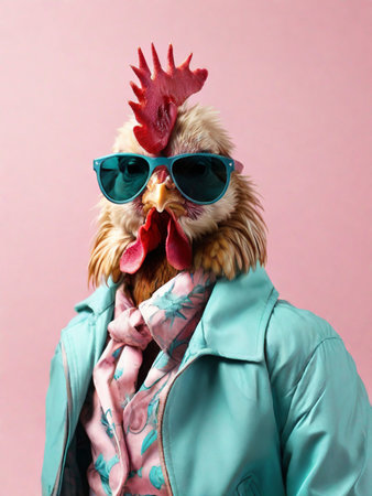 Fashionable rooster in sunglasses wearing a pink shirt and turquoise leather jacket on a pink background.の素材