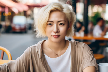 an albino girl of Asian appearance walks along the noisy streets of a noisy metropolis.の素材