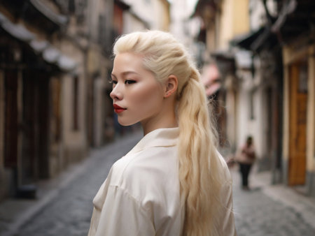 an albino girl of Asian appearance walks along narrow streets with cobblestones.の素材